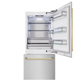 ZLINE Autograph Edition 36 in. 19.8 cu. ft. Built-In Bottom Freezer Refrigerator with Water Dispenser and Ice Maker in DuraSnow® Stainless Steel and Polished Gold Accents (RBITZ-SN-36-G) - (RBITZSN36G) -