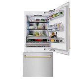 ZLINE Autograph Edition 36 in. 19.8 cu. ft. Built-In Bottom Freezer Refrigerator with Water Dispenser and Ice Maker in DuraSnow® Stainless Steel and Polished Gold Accents (RBITZ-SN-36-G) - (RBITZSN36G) -