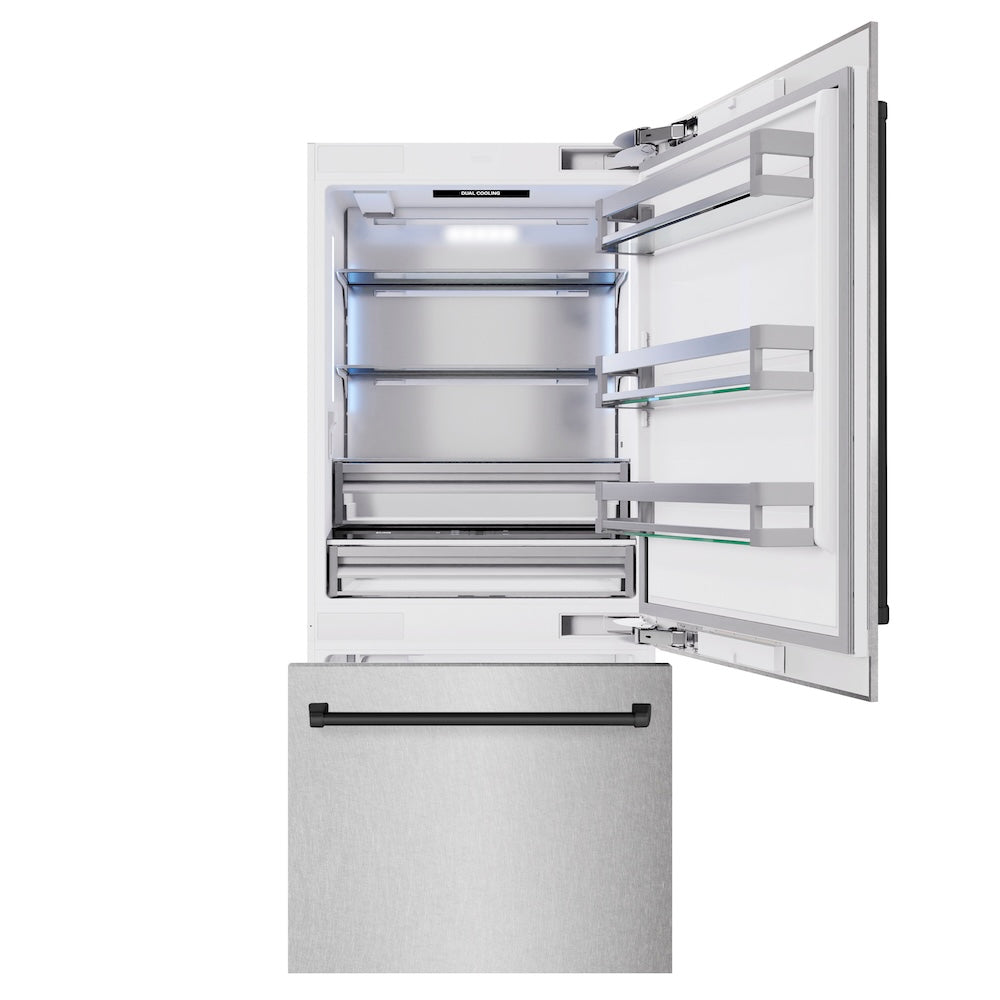 ZLINE Autograph Edition 36 in. 19.8 cu. ft. Built-In Bottom Freezer Refrigerator with Water Dispenser and Ice Maker in DuraSnow® Stainless Steel and Matte Black Accents (RBITZ-SN-36-MB) - (RBITZSN36MB) -