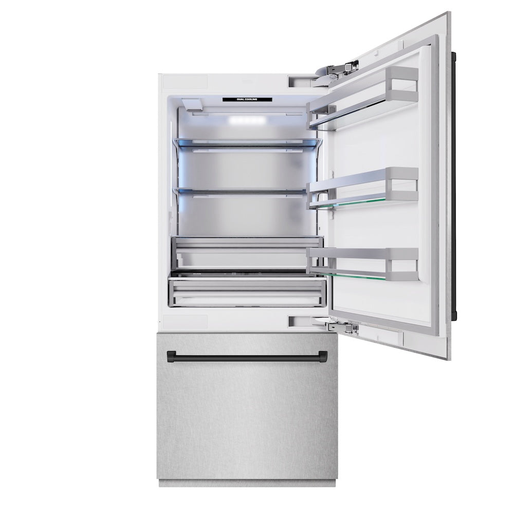 ZLINE Autograph Edition 36 in. 19.8 cu. ft. Built-In Bottom Freezer Refrigerator with Water Dispenser and Ice Maker in DuraSnow® Stainless Steel and Matte Black Accents (RBITZ-SN-36-MB) - (RBITZSN36MB) -