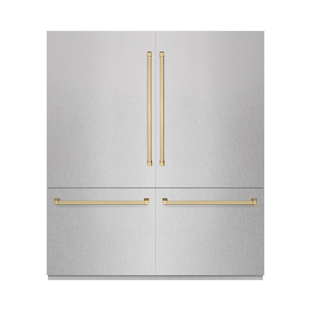 ZLINE Autograph Edition 72 in. 39.6 cu. ft. French Door Built-In Bottom Freezer Refrigerator with Water Dispensers and Ice Makers in DuraSnow® Stainless Steel and Champagne Bronze Accents (RBITZ-SN-72-CB) - (RBITZSN72CB) -