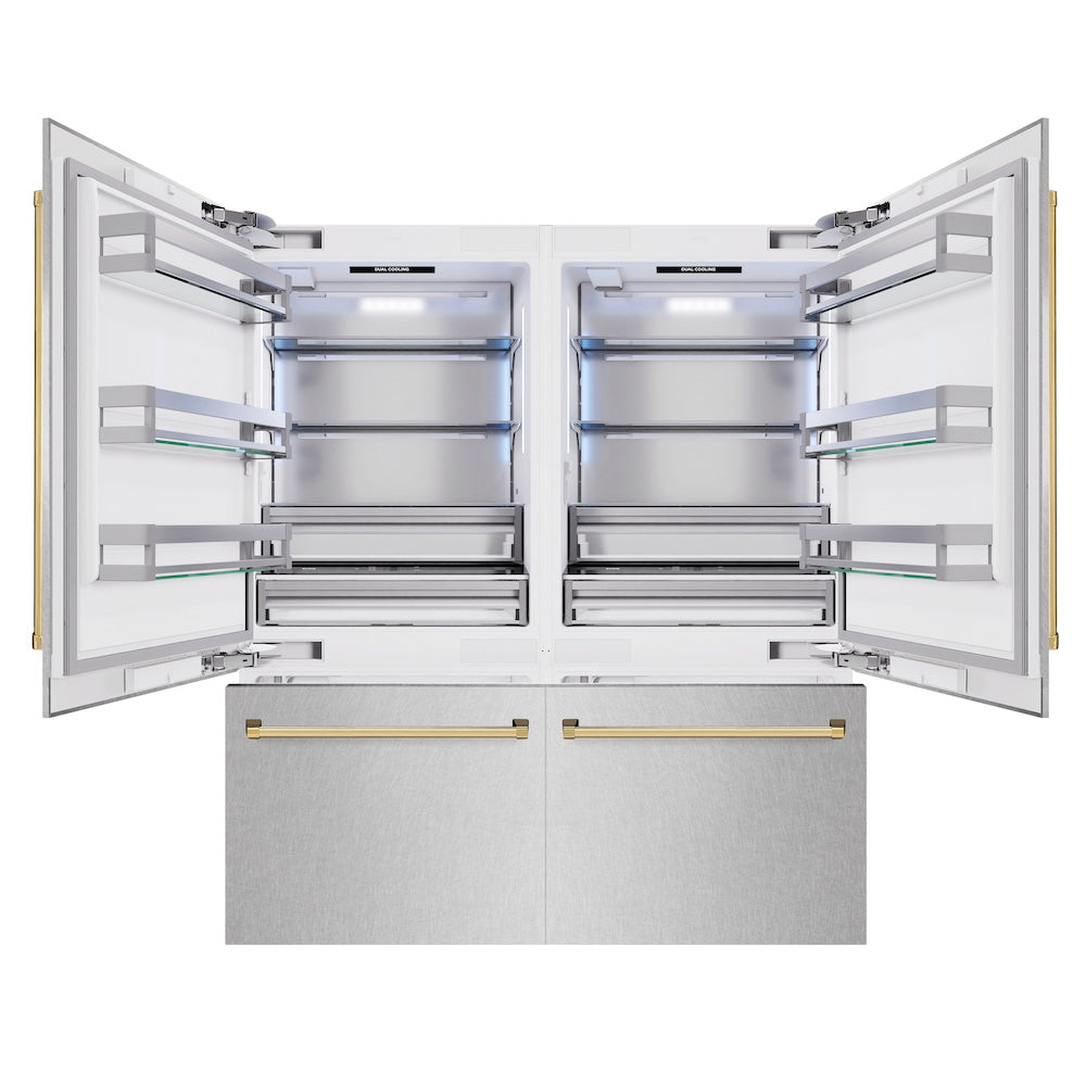 ZLINE Autograph Edition 72 in. 39.6 cu. ft. French Door Built-In Bottom Freezer Refrigerator with Water Dispensers and Ice Makers in DuraSnow® Stainless Steel and Polished Gold Accents (RBITZ-SN-72-G) - (RBITZSN72G) -