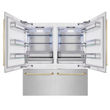 ZLINE Autograph Edition 72 in. 39.6 cu. ft. French Door Built-In Bottom Freezer Refrigerator with Water Dispensers and Ice Makers in DuraSnow® Stainless Steel and Polished Gold Accents (RBITZ-SN-72-G) - (RBITZSN72G) -