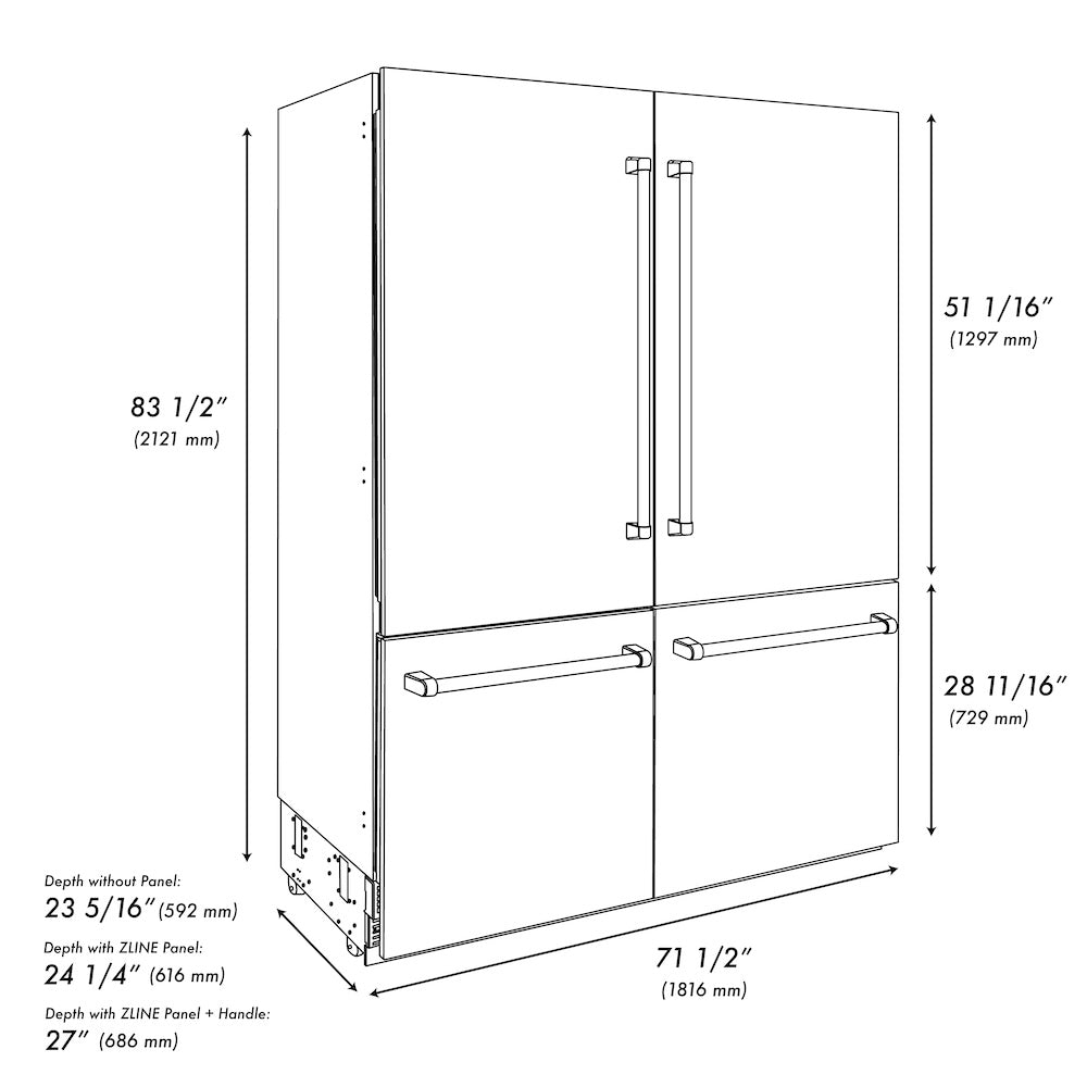 ZLINE Autograph Edition 72 in. 39.6 cu. ft. French Door Built-In Bottom Freezer Refrigerator with Water Dispensers and Ice Makers in DuraSnow® Stainless Steel and Polished Gold Accents (RBITZ-SN-72-G) - (RBITZSN72G) -
