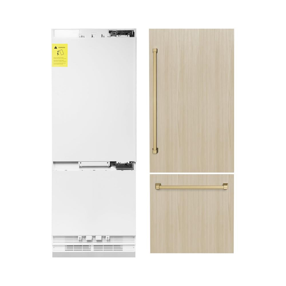 ZLINE Autograph Edition 30 in. 16.1 cu. ft. Panel Ready Built-In Bottom Freezer Refrigerator with Water Dispenser and Ice Maker with Champagne Bronze Accents (RBIVZ-30-CB) - (RBIVZ30CB) -