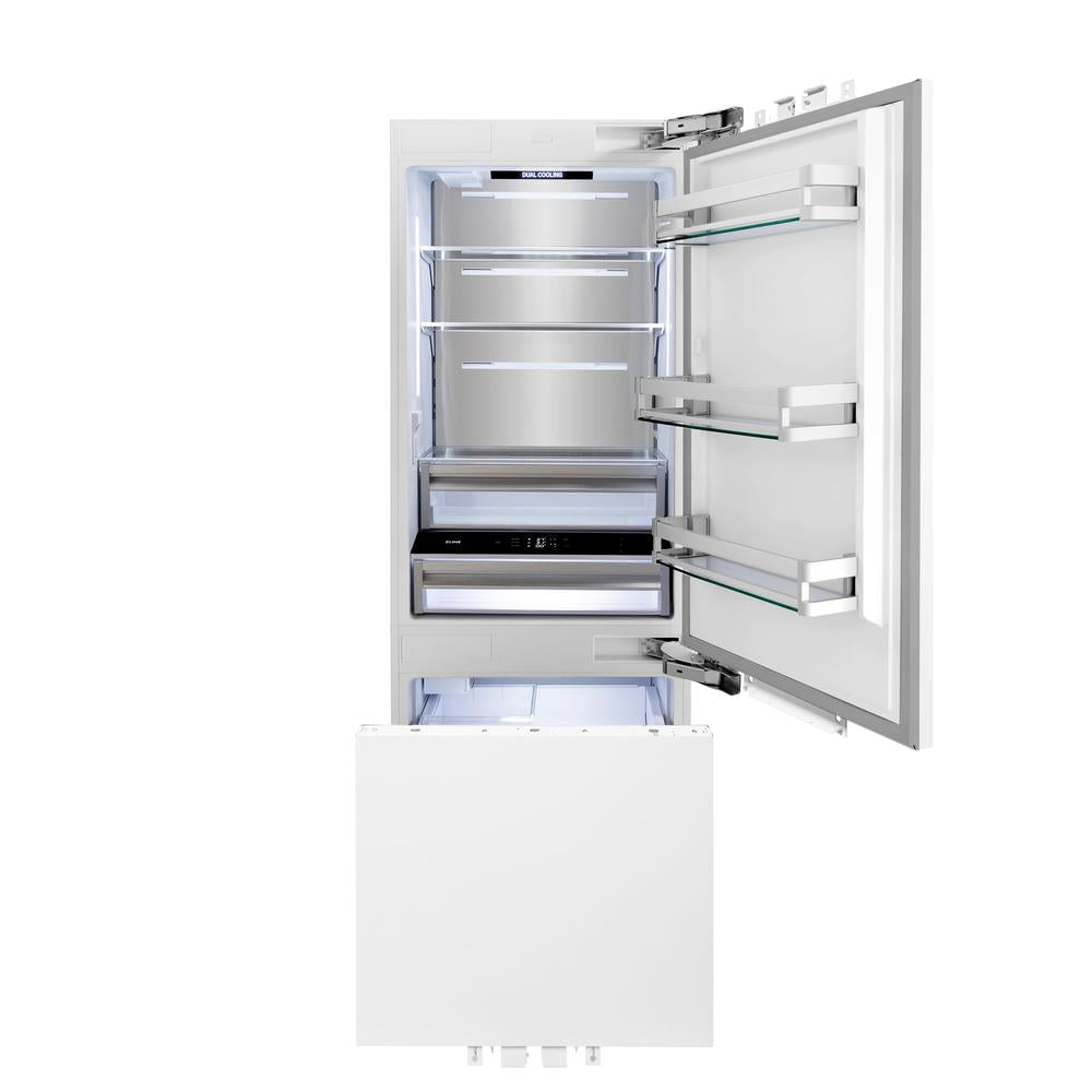 ZLINE Autograph Edition 30 in. 16.1 cu. ft. Panel Ready Built-In Bottom Freezer Refrigerator with Water Dispenser and Ice Maker with Champagne Bronze Accents (RBIVZ-30-CB) - (RBIVZ30CB) -
