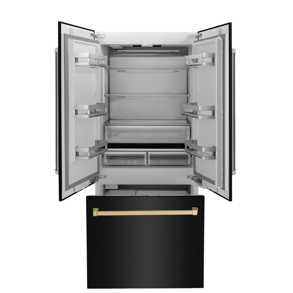 36”Autograph Edition 19.6 cu. ft. Built-in 3-Door French Door Refrigerator with Internal Water and Ice Dispenser in Black Stainless Steel with Champagne Bronze Accents - (RBIVZBS36CB) -