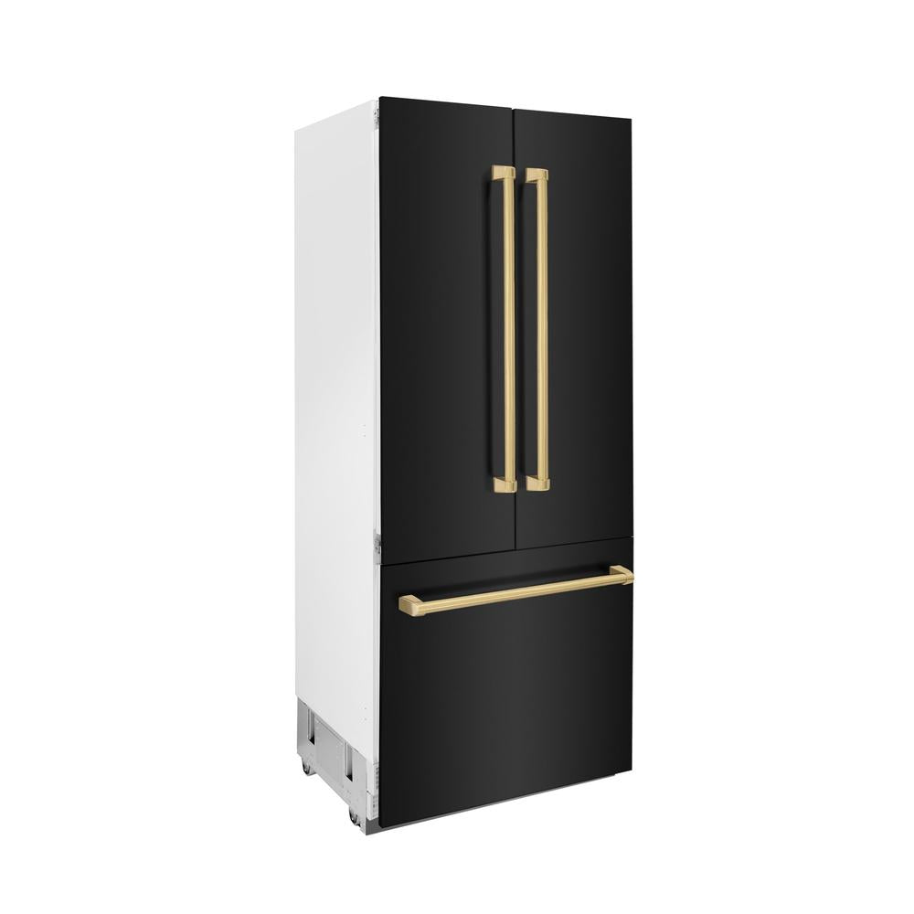 36”Autograph Edition 19.6 cu. ft. Built-in 3-DoorFrench Door Refrigerator with Internal Water and Ice Dispenser in Black Stainless Steel with Polished Gold Accents - (RBIVZBS36G) -