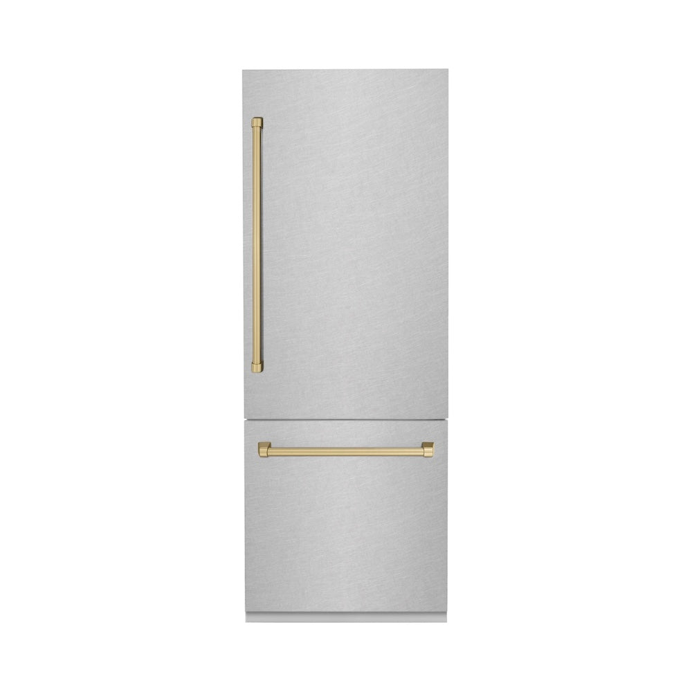 30”Autograph Edition 16.1 cu. ft. Built-in 2-Door Bottom Freezer Refrigerator with Internal Water and Ice Dispenser in Fingerprint Resistant Stainless Steel with Champagne Bronze Accents - (RBIVZSN30CB) -