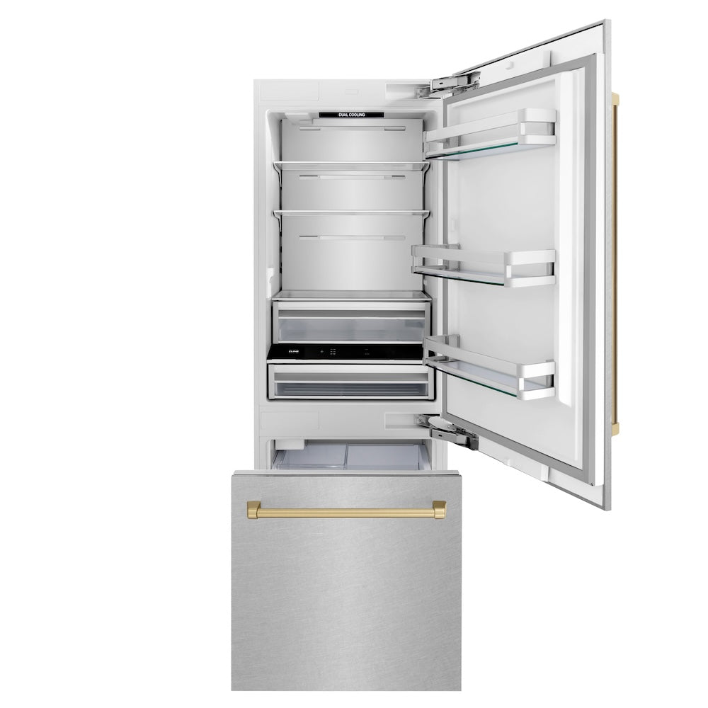 30”Autograph Edition 16.1 cu. ft. Built-in 2-Door Bottom Freezer Refrigerator with Internal Water and Ice Dispenser in Fingerprint Resistant Stainless Steel with Champagne Bronze Accents - (RBIVZSN30CB) -