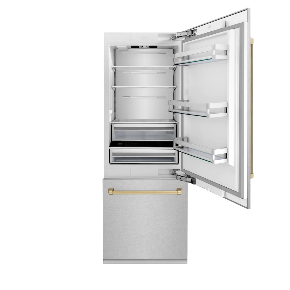 30”Autograph Edition 16.1 cu. ft. Built-in 2-Door Bottom Freezer Refrigerator with Internal Water and Ice Dispenser in Fingerprint Resistant Stainless Steel with Champagne Bronze Accents - (RBIVZSN30CB) -