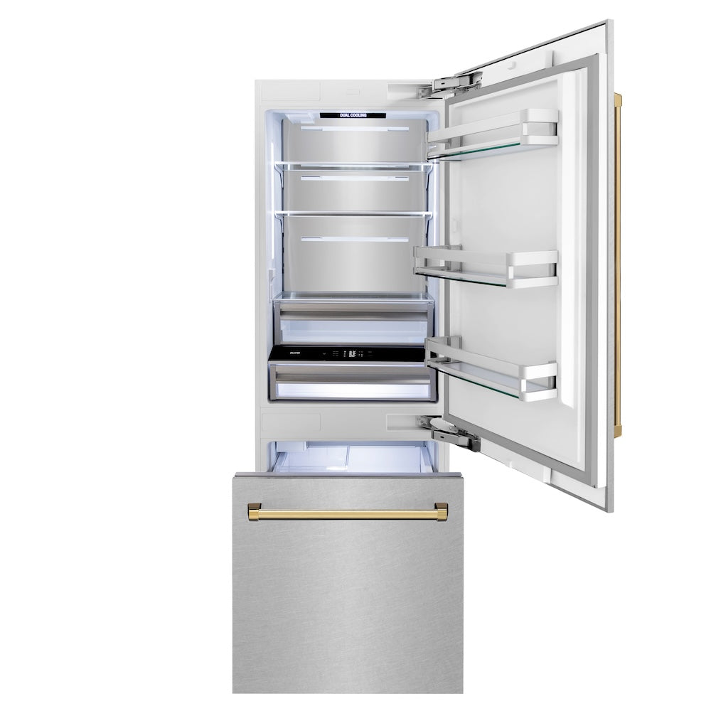 30”Autograph Edition 16.1 cu. ft. Built-in 2-Door Bottom Freezer Refrigerator with Internal Water and Ice Dispenser in Fingerprint Resistant Stainless Steel with Polished Gold Accents - (RBIVZSN30G) -