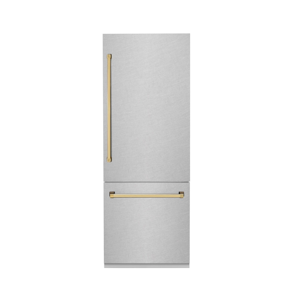 30”Autograph Edition 16.1 cu. ft. Built-in 2-Door Bottom Freezer Refrigerator with Internal Water and Ice Dispenser in Fingerprint Resistant Stainless Steel with Polished Gold Accents - (RBIVZSN30G) -