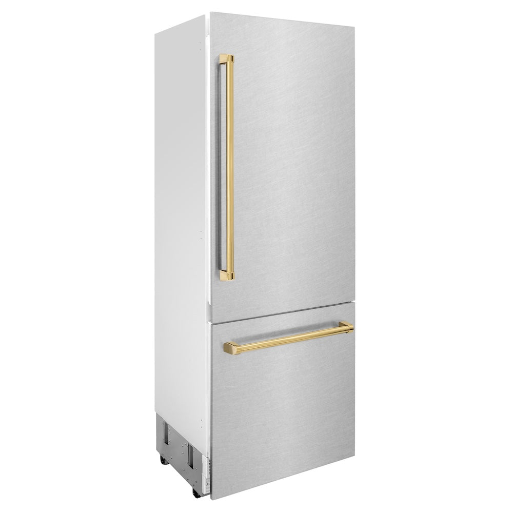 30”Autograph Edition 16.1 cu. ft. Built-in 2-Door Bottom Freezer Refrigerator with Internal Water and Ice Dispenser in Fingerprint Resistant Stainless Steel with Polished Gold Accents - (RBIVZSN30G) -