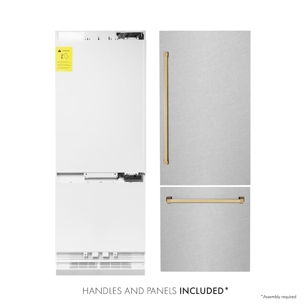 30”Autograph Edition 16.1 cu. ft. Built-in 2-Door Bottom Freezer Refrigerator with Internal Water and Ice Dispenser in Fingerprint Resistant Stainless Steel with Polished Gold Accents - (RBIVZSN30G) -