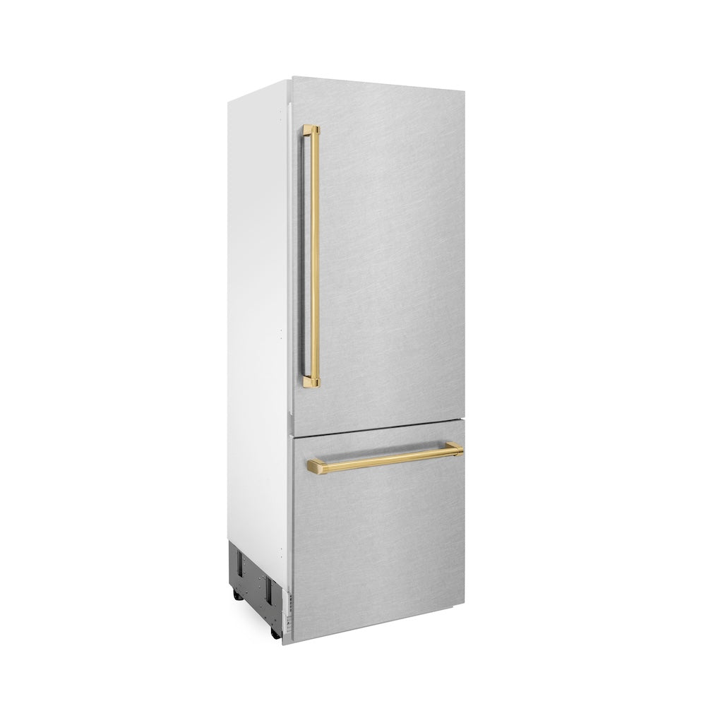 30”Autograph Edition 16.1 cu. ft. Built-in 2-Door Bottom Freezer Refrigerator with Internal Water and Ice Dispenser in Fingerprint Resistant Stainless Steel with Polished Gold Accents - (RBIVZSN30G) -