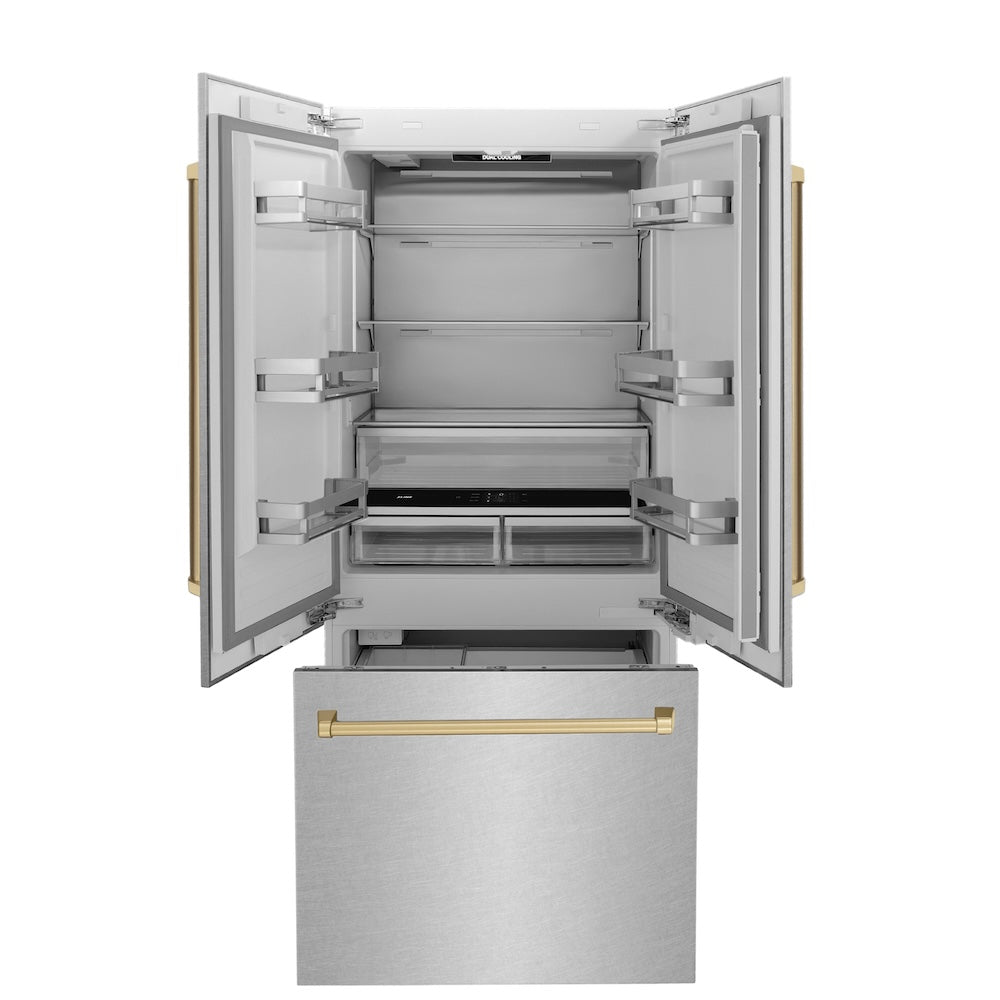 36”Autograph Edition 19.6 cu. ft. Built-in 3-Door French Door Refrigerator with Internal Water and Ice Dispenser in Fingerprint Resistant Stainless Steel with Champagne Bronze Accents - (RBIVZSN36CB) -