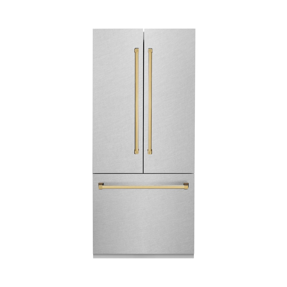 36”Autograph Edition 19.6 cu. ft. Built-in 3-Door French Door Refrigerator with Internal Water and Ice Dispenser in Fingerprint Resistant Stainless Steel with Polished Gold Accents - (RBIVZSN36G) -