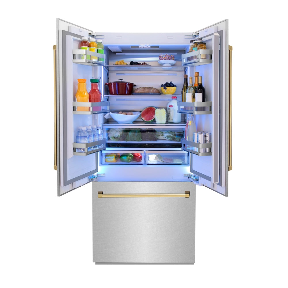 36”Autograph Edition 19.6 cu. ft. Built-in 3-Door French Door Refrigerator with Internal Water and Ice Dispenser in Fingerprint Resistant Stainless Steel with Polished Gold Accents - (RBIVZSN36G) -