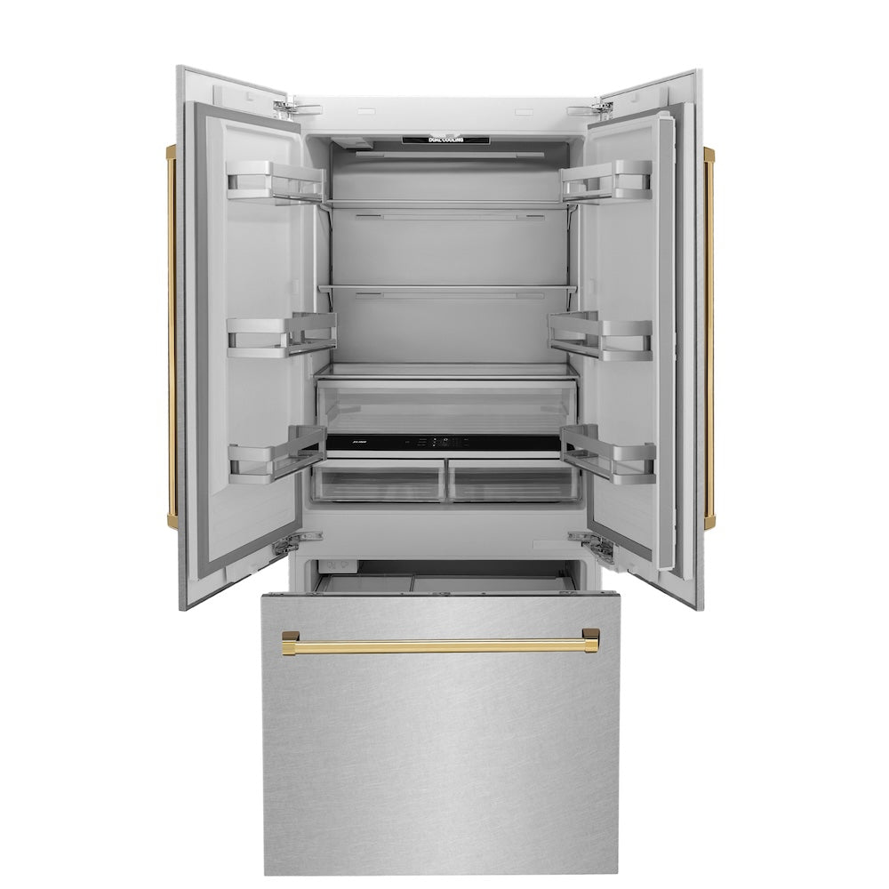 36”Autograph Edition 19.6 cu. ft. Built-in 3-Door French Door Refrigerator with Internal Water and Ice Dispenser in Fingerprint Resistant Stainless Steel with Polished Gold Accents - (RBIVZSN36G) -