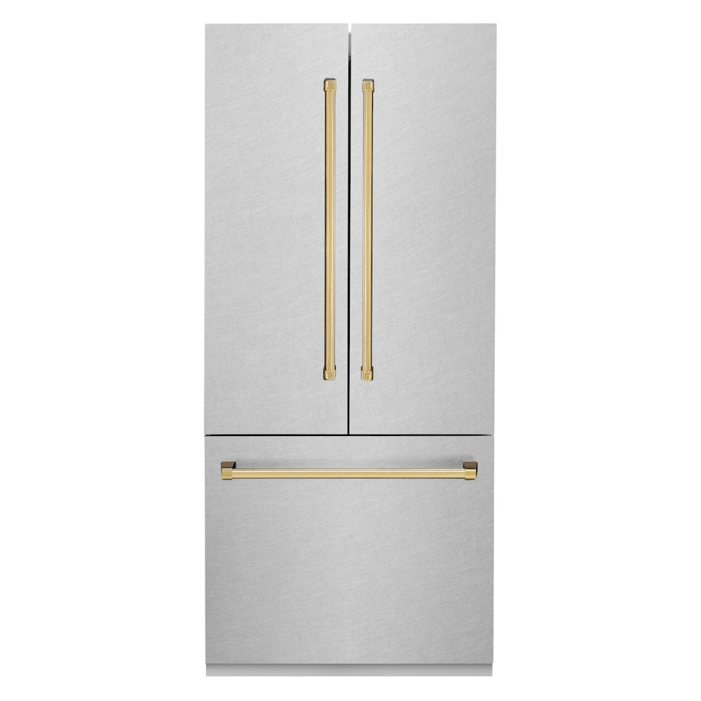 36”Autograph Edition 19.6 cu. ft. Built-in 3-Door French Door Refrigerator with Internal Water and Ice Dispenser in Fingerprint Resistant Stainless Steel with Polished Gold Accents - (RBIVZSN36G) -