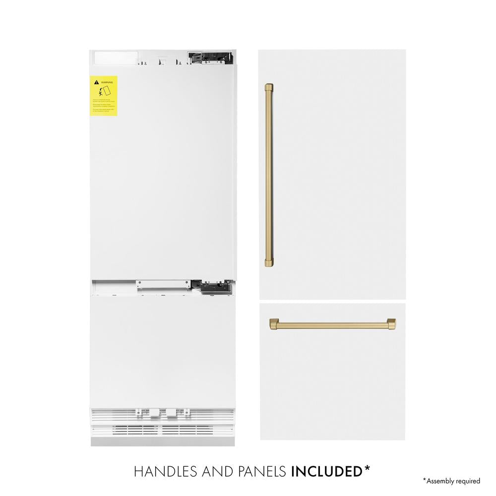 30”Autograph Edition 16.1 cu. ft. Built-in 2-Door Bottom Freezer Refrigerator with Internal Water and Ice Dispenser in White Matte with Champagne Bronze Accents - (RBIVZWM30CB) -