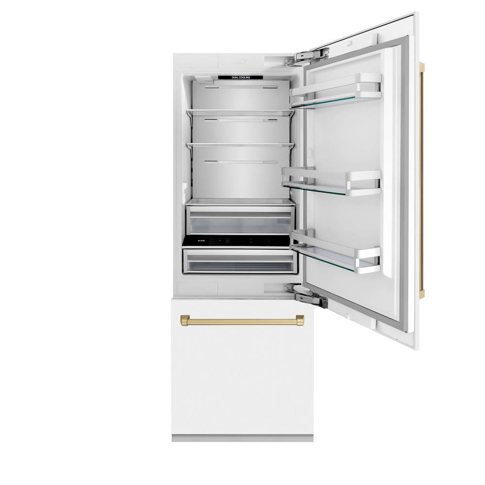 30”Autograph Edition 16.1 cu. ft. Built-in 2-Door Bottom Freezer Refrigerator with Internal Water and Ice Dispenser in White Matte with Champagne Bronze Accents - (RBIVZWM30CB) -