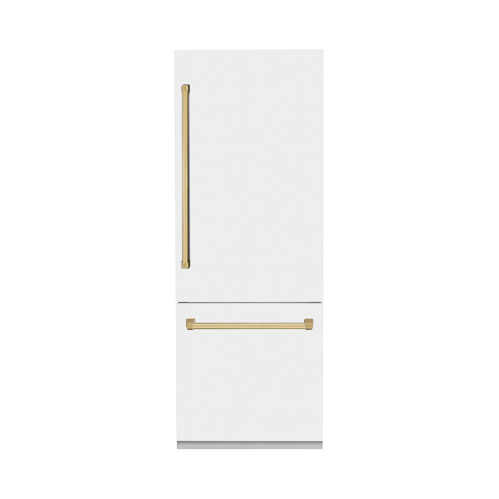 30”Autograph Edition 16.1 cu. ft. Built-in 2-Door Bottom Freezer Refrigerator with Internal Water and Ice Dispenser in White Matte with Polished Gold Accents - (RBIVZWM30G) -
