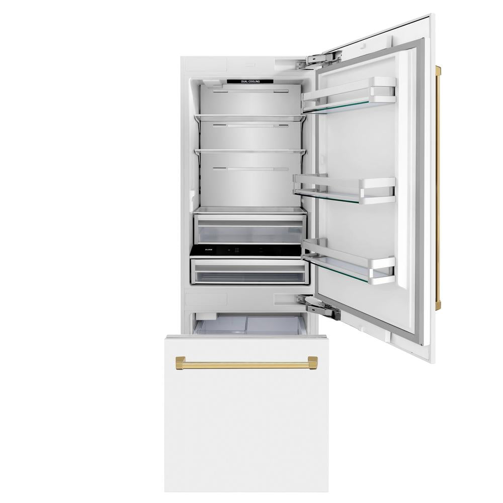 30”Autograph Edition 16.1 cu. ft. Built-in 2-Door Bottom Freezer Refrigerator with Internal Water and Ice Dispenser in White Matte with Polished Gold Accents - (RBIVZWM30G) -