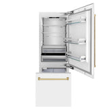 30”Autograph Edition 16.1 cu. ft. Built-in 2-Door Bottom Freezer Refrigerator with Internal Water and Ice Dispenser in White Matte with Polished Gold Accents - (RBIVZWM30G) -