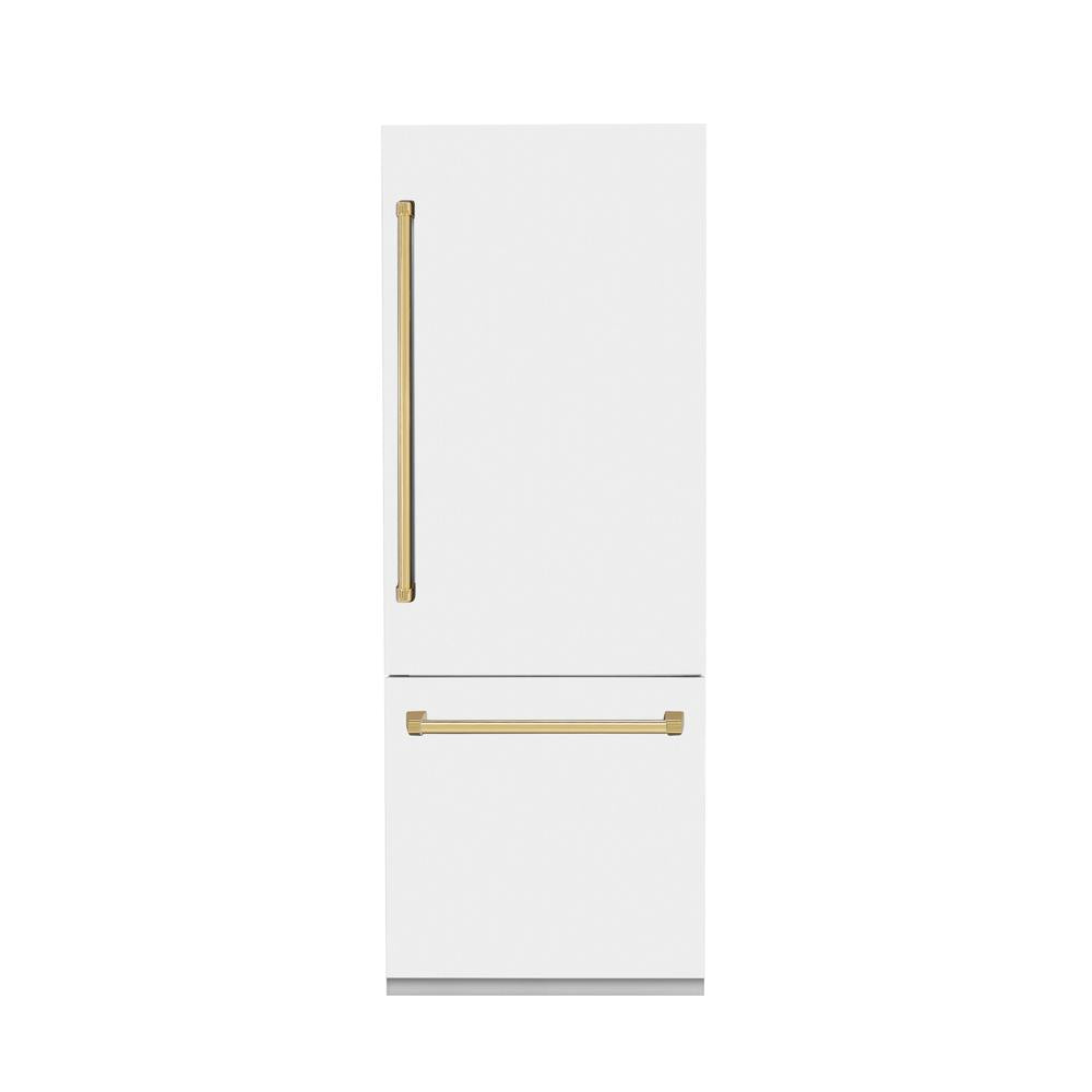 30”Autograph Edition 16.1 cu. ft. Built-in 2-Door Bottom Freezer Refrigerator with Internal Water and Ice Dispenser in White Matte with Polished Gold Accents - (RBIVZWM30G) -