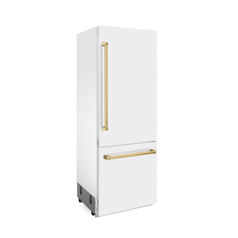 30”Autograph Edition 16.1 cu. ft. Built-in 2-Door Bottom Freezer Refrigerator with Internal Water and Ice Dispenser in White Matte with Polished Gold Accents - (RBIVZWM30G) -