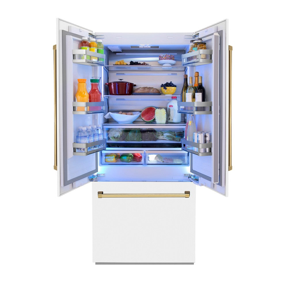 36”Autograph Edition 19.6 cu. ft. Built-in 3-Door French Door Refrigerator with Internal Water and Ice Dispenser in White Matte with Polished Gold Accents - (RBIVZWM36G) -