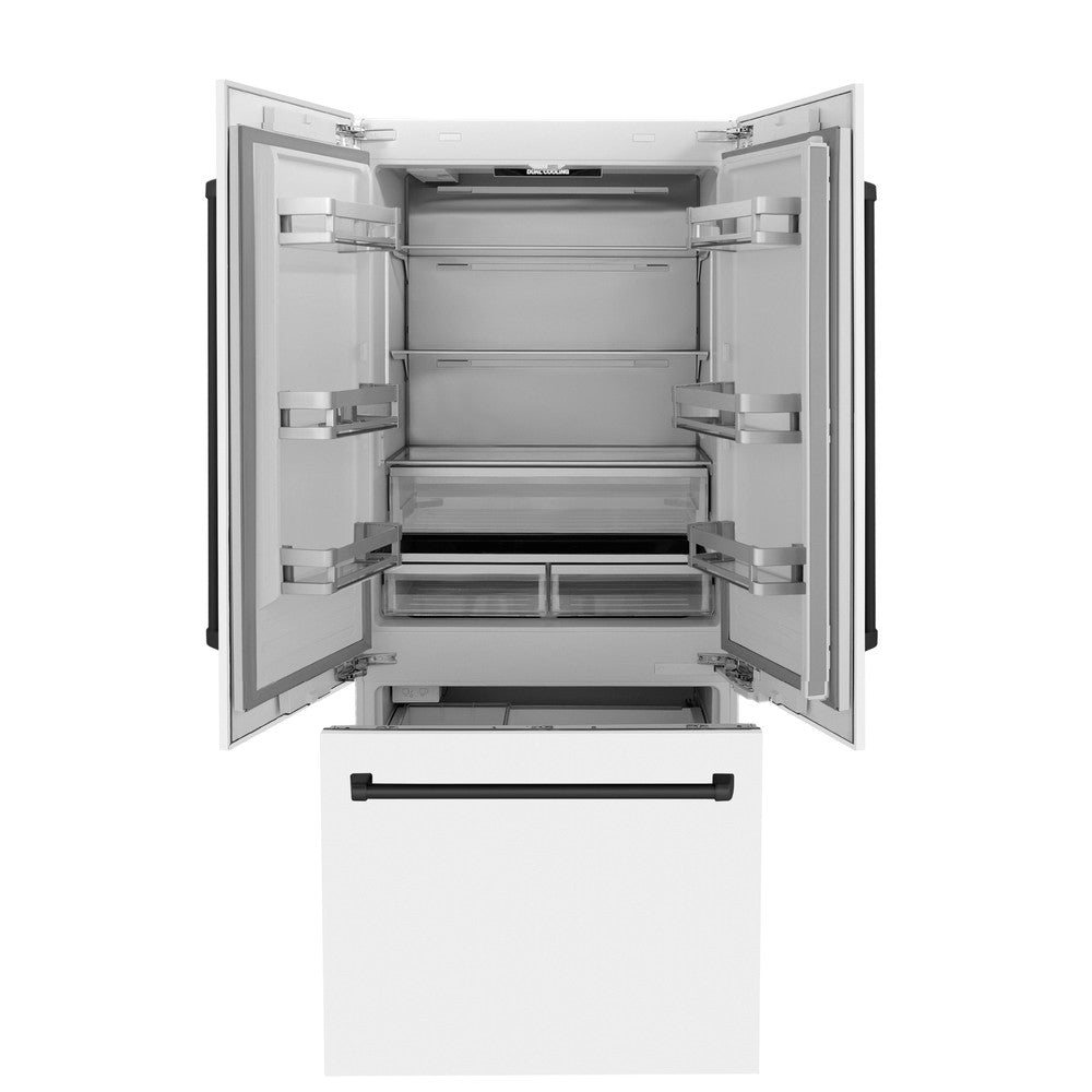 36”Autograph Edition 19.6 cu. ft. Built-in 3-Door French Door Refrigerator with Internal Water and Ice Dispenser in White Matte with Matte Black Accents - (RBIVZWM36MB) -
