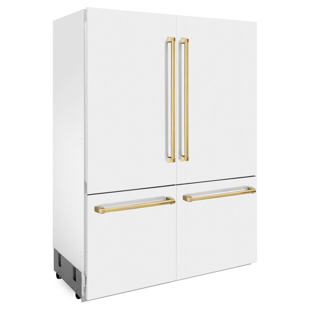 60"Autograph Edition 32.2 cu. ft. Built-in 4-Door French Door Refrigerator with Internal Water and Ice Dispenser in White Matte with Polished Gold Accents - (RBIVZWM60G) -