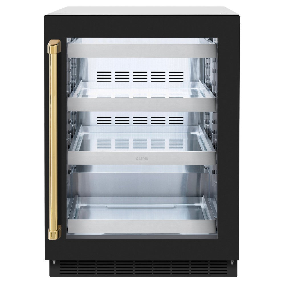 ZLINE Autograph Edition 24 in. Touchstone 151 Can Beverage Fridge With Black Matte Glass Door And Polished Gold Handle (RBSOZ-BLM-24-G) - (RBSOZBLM24G) -