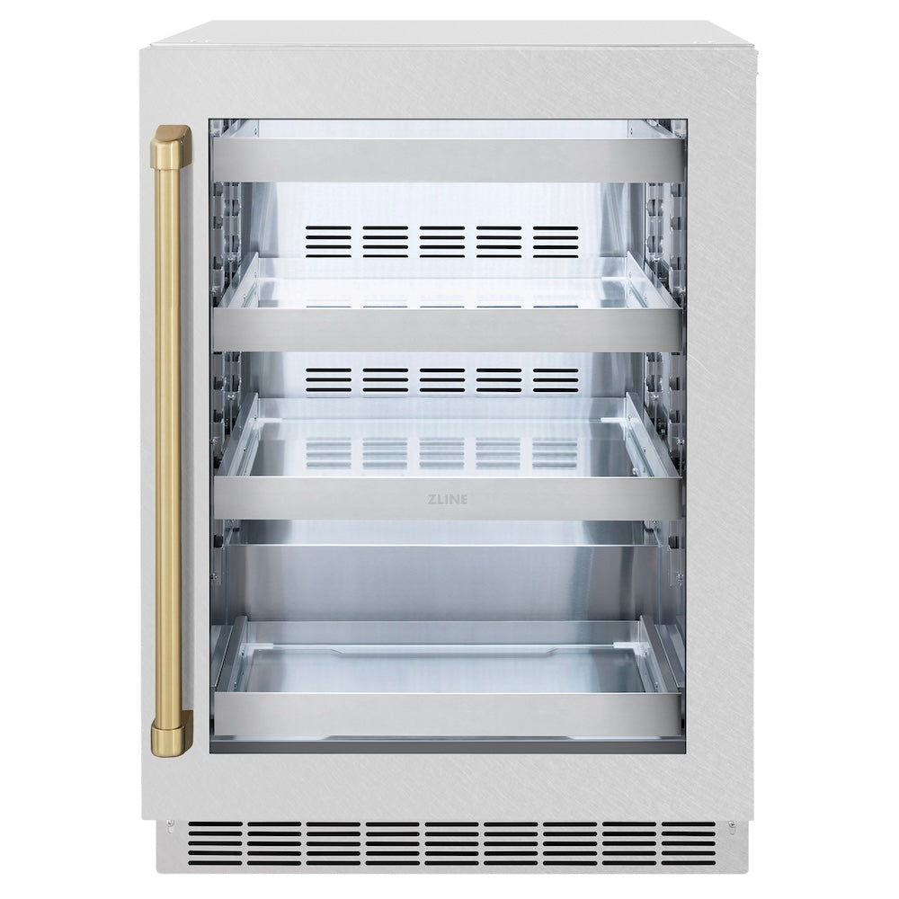 ZLINE Autograph Edition 24 in. Touchstone 151 Can Beverage Fridge With DuraSnow® Stainless Steel Glass Door And Champagne Bronze Handle (RBSOZ-SN-24-CB) - (RBSOZSN24CB) -