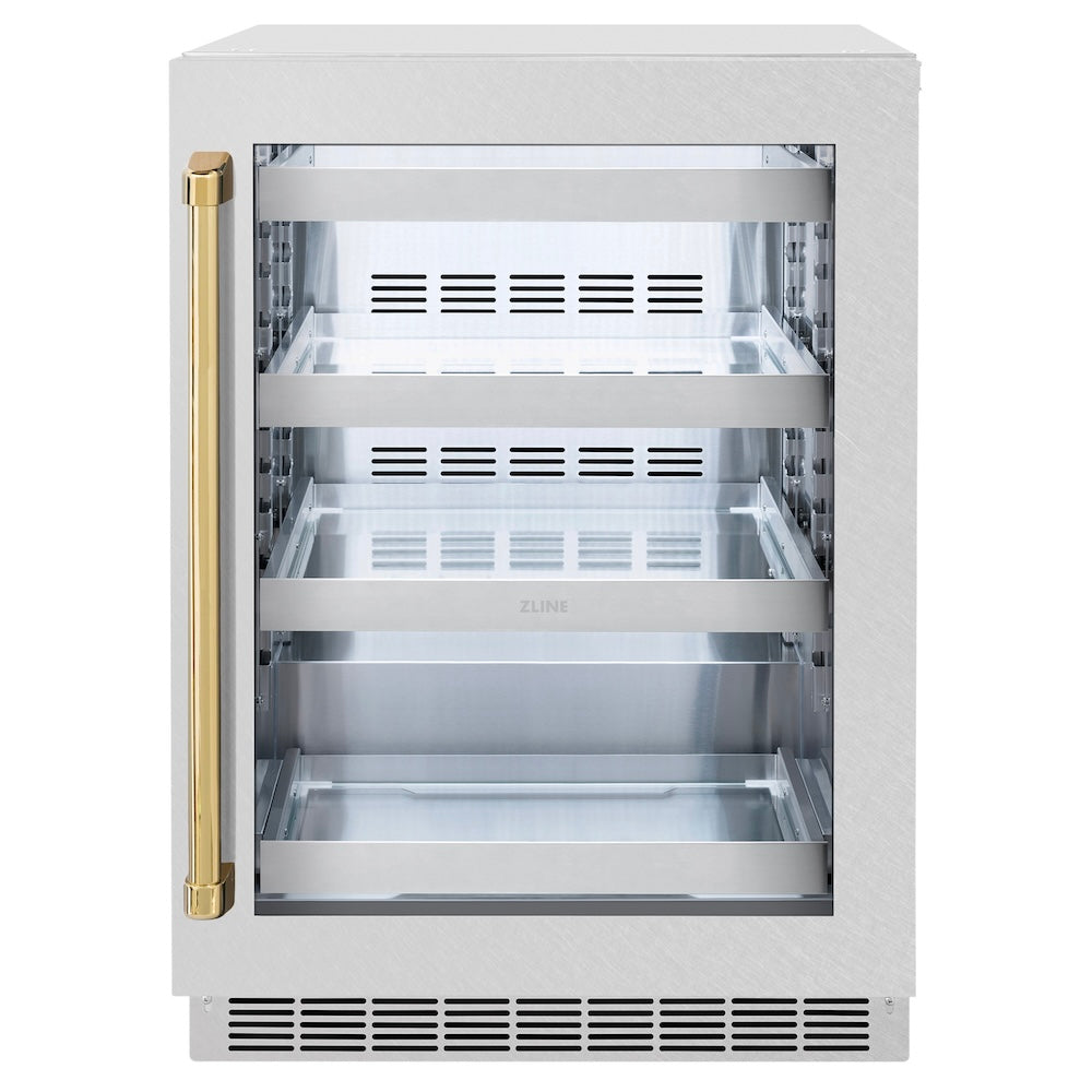 ZLINE Autograph Edition 24 in. Touchstone 151 Can Beverage Fridge With DuraSnow® Stainless Steel Glass Door And Polished Gold Handle (RBSOZ-SN-24-G) - (RBSOZSN24G) -