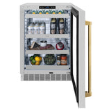 ZLINE Autograph Edition 24 in. Touchstone 151 Can Beverage Fridge With DuraSnow® Stainless Steel Glass Door And Polished Gold Handle (RBSOZ-SN-24-G) - (RBSOZSN24G) -