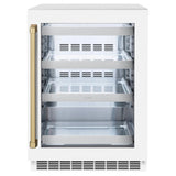 ZLINE Autograph Edition 24 in. Touchstone 151 Can Beverage Fridge With White Matte Glass Door And Champagne Bronze Handle (RBSOZ-WM-24-CB) - (RBSOZWM24CB) -