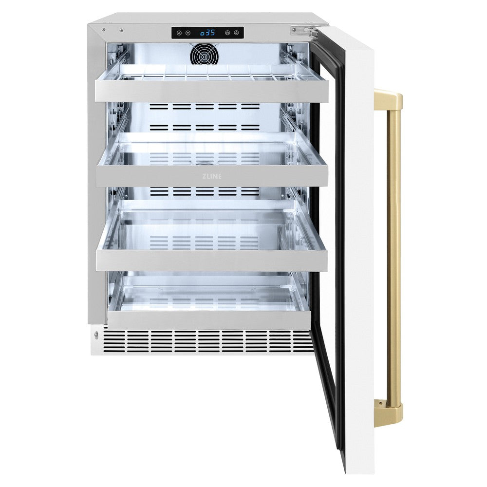 ZLINE Autograph Edition 24 in. Touchstone 151 Can Beverage Fridge With White Matte Glass Door And Champagne Bronze Handle (RBSOZ-WM-24-CB) - (RBSOZWM24CB) -