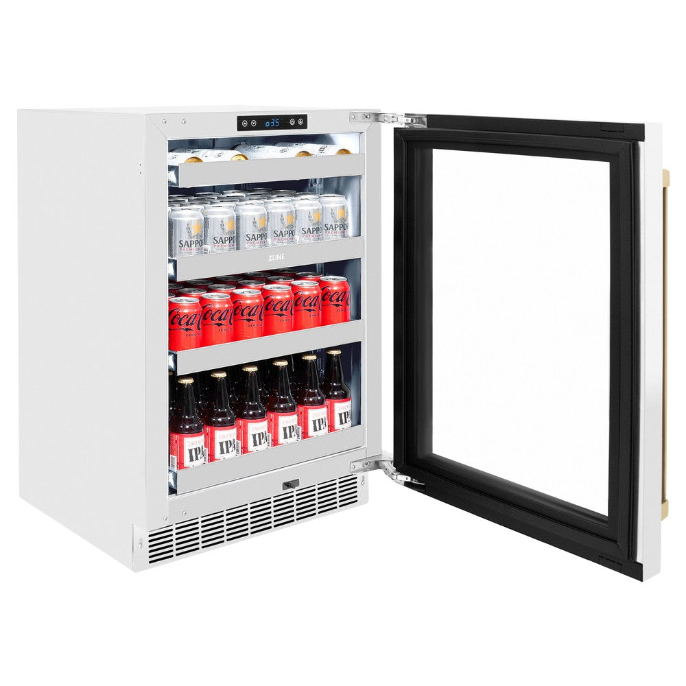 ZLINE Autograph Edition 24 in. Touchstone 151 Can Beverage Fridge With White Matte Glass Door And Champagne Bronze Handle (RBSOZ-WM-24-CB) - (RBSOZWM24CB) -