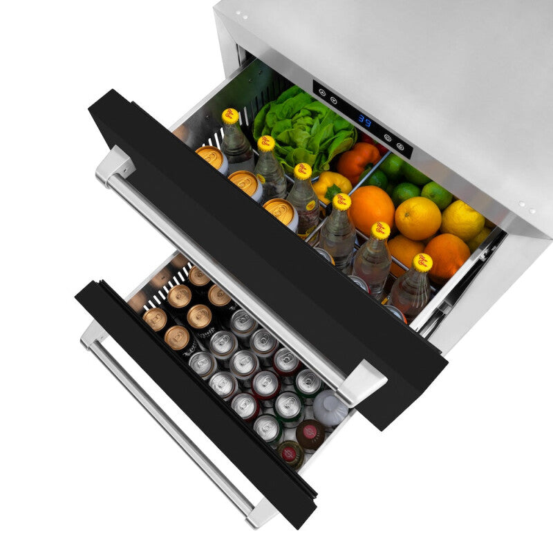 ZLINE 24 in. Touchstone 168 Can Outdoor-Rated Dual Refrigerator Drawer with Black Matte Doors (RDSO-BLM-24) - (RDSOBLM24) -
