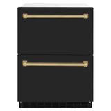 ZLINE Autograph Edition 24 in. Touchstone 168 Can Outdoor-Rated Dual Refrigerator Drawer with Black Matte Doors and Champagne Bronze Handles (RDSOZ-BLM-24-CB) - (RDSOZBLM24CB) -