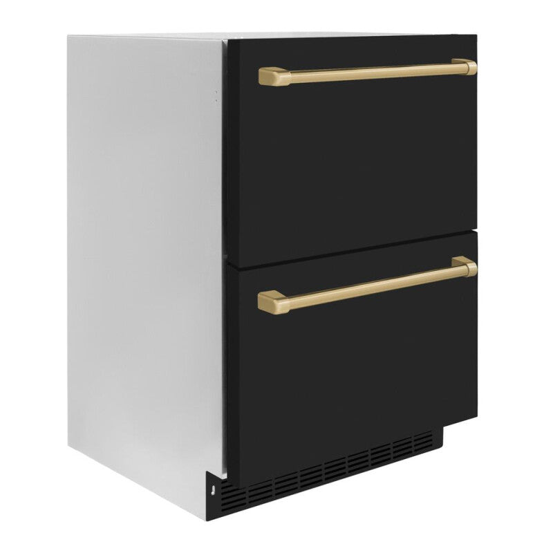 ZLINE Autograph Edition 24 in. Touchstone 168 Can Outdoor-Rated Dual Refrigerator Drawer with Black Matte Doors and Champagne Bronze Handles (RDSOZ-BLM-24-CB) - (RDSOZBLM24CB) -