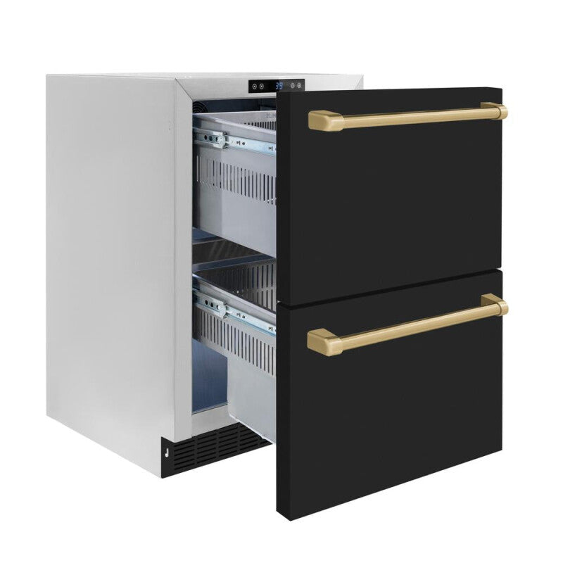 ZLINE Autograph Edition 24 in. Touchstone 168 Can Outdoor-Rated Dual Refrigerator Drawer with Black Matte Doors and Champagne Bronze Handles (RDSOZ-BLM-24-CB) - (RDSOZBLM24CB) -