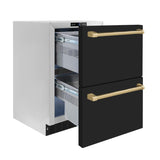 ZLINE Autograph Edition 24 in. Touchstone 168 Can Outdoor-Rated Dual Refrigerator Drawer with Black Matte Doors and Champagne Bronze Handles (RDSOZ-BLM-24-CB) - (RDSOZBLM24CB) -