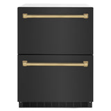 ZLINE Autograph Edition 24 in. Touchstone 168 Can Outdoor-Rated Dual Refrigerator Drawer with Black Stainless Steel Doors and Champagne Bronze Handles (RDSOZ-BS-24-CB) - (RDSOZBS24CB) -