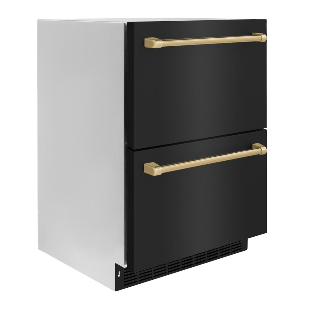 ZLINE Autograph Edition 24 in. Touchstone 168 Can Outdoor-Rated Dual Refrigerator Drawer with Black Stainless Steel Doors and Champagne Bronze Handles (RDSOZ-BS-24-CB) - (RDSOZBS24CB) -