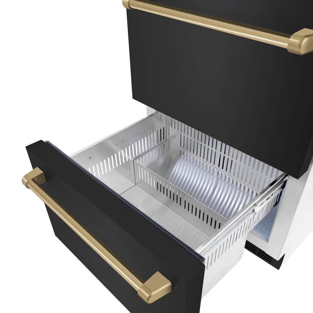ZLINE Autograph Edition 24 in. Touchstone 168 Can Outdoor-Rated Dual Refrigerator Drawer with Black Stainless Steel Doors and Champagne Bronze Handles (RDSOZ-BS-24-CB) - (RDSOZBS24CB) -